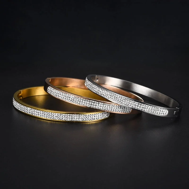 women's flower bangles-Fashion Diamond Jewelry Three Rows Of Full Diamond Egg-shaped Stainless Steel Bracelet