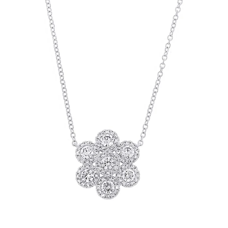 women's charm and pendant necklaces-14K White Gold Diamond Flower Necklace