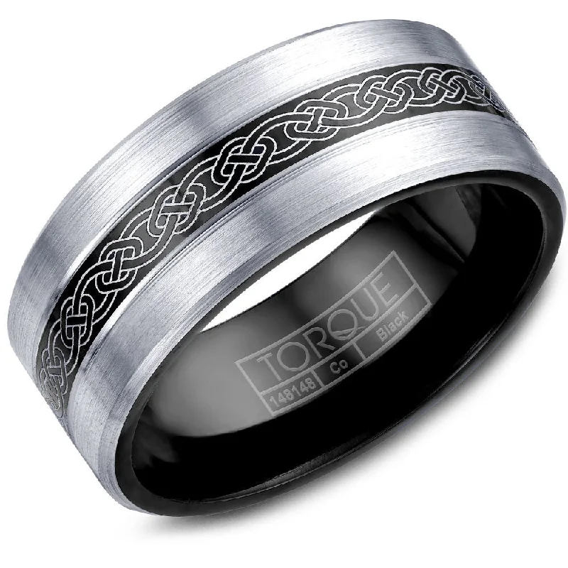 women's stylish engagement rings-Torque Black Cobalt Collection 9MM Wedding Band with Engraved Design CBB-0028-03