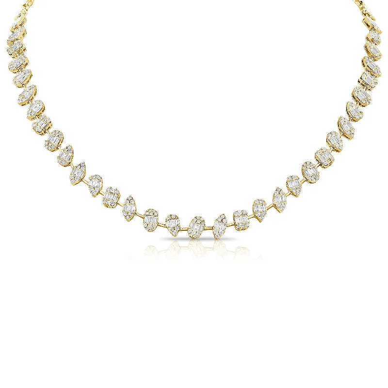 women's double-layer necklaces-14K Yellow Gold Diamond Illusion Tennis Necklace