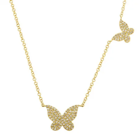 women's cubic zirconia necklaces-14K Yellow Gold Double Butterfly Diamond Necklace