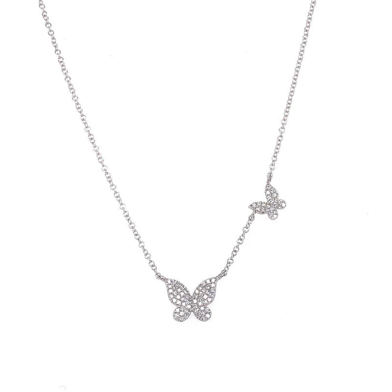 women's heart-shaped necklaces-14K White Gold Diamond Double Butterfly Necklace