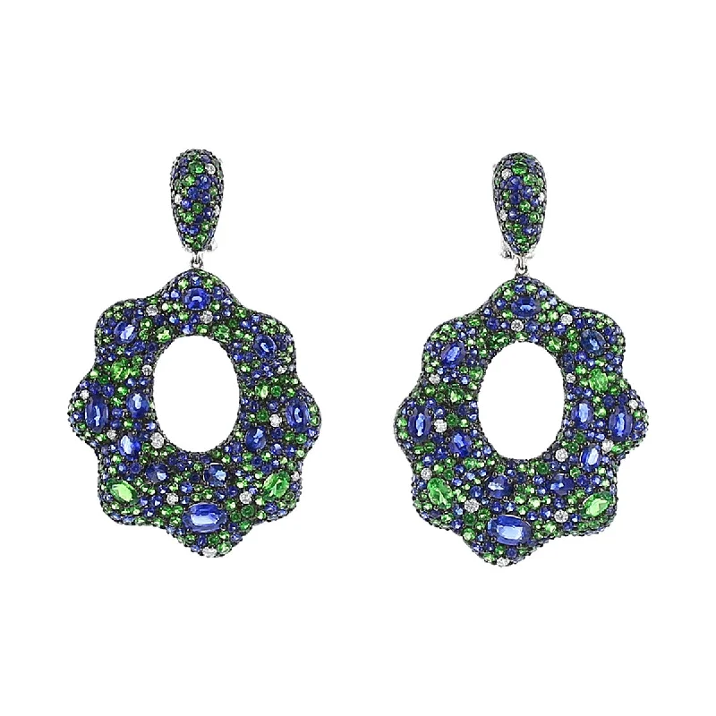 women's silver dangly earrings-Blue Sapphire, Tsavorite and Diamond Glamour Earrings