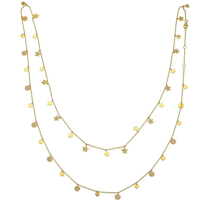 women's love necklaces-14K Yellow Gold Round Diamond Disc + Star Layering Necklace