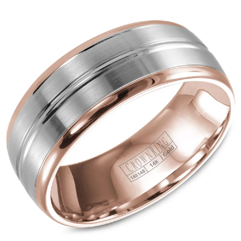 women's white gold engagement rings-CrownRing 8MM Rose Gold Wedding Band with White Gold Brushed Center WB-9093WR