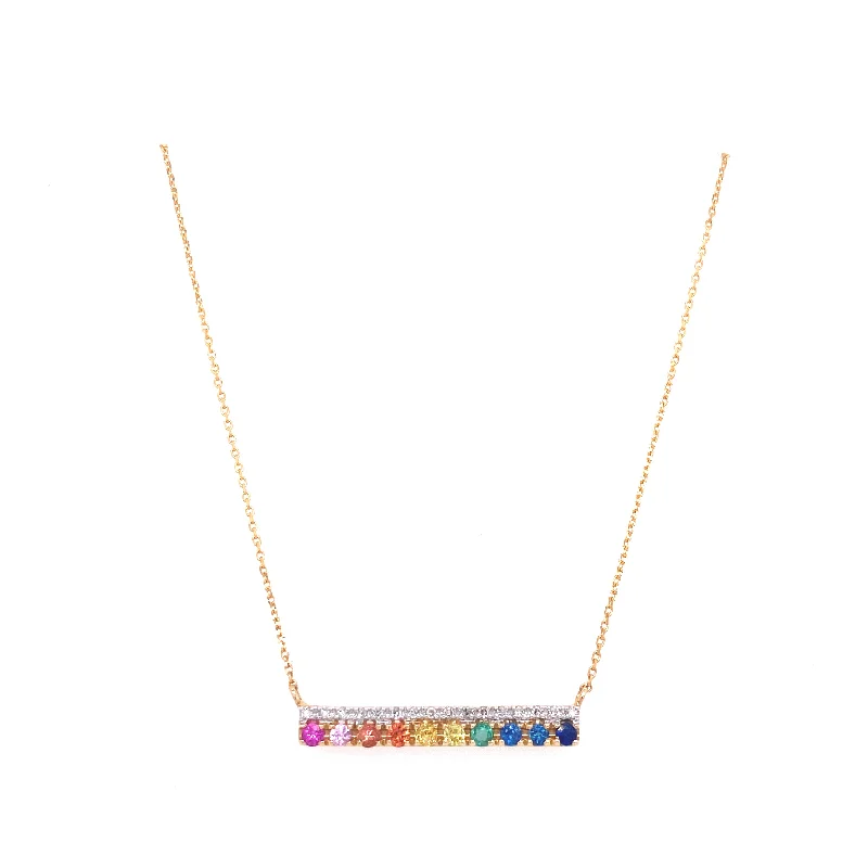 women's stylish statement necklaces-14K Yellow Gold Diamond Multi Sapphire Bar Necklace