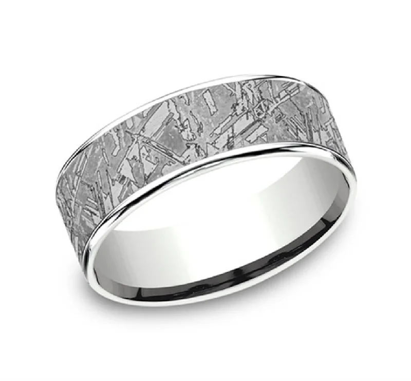 women's cushion-shaped engagement rings-Gray Tantalum And 14K White Gold ‘The Gibeon’ Meteorite Patterned 7.5mm Wedding Band