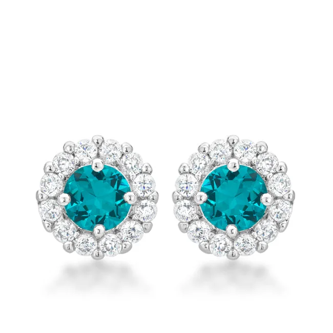 women's heart-shaped drop earrings-Belle Aqua Blue Halo Stud Earrings | 2ct