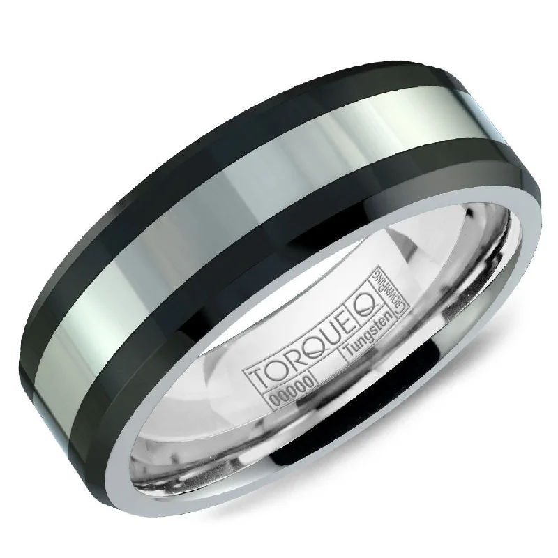 women's classic solitaire engagement rings-Torque Black Ceramic Collection 8MM Wedding Band with White Inlay TU-0031