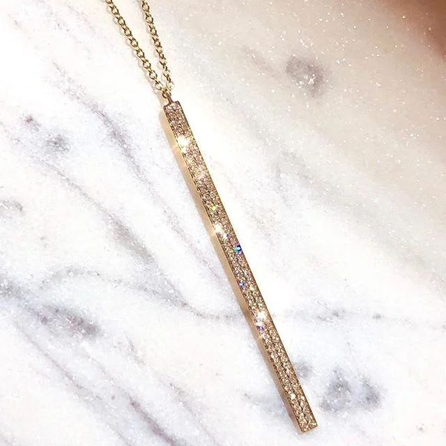 women's chakra necklaces-14K Yellow Gold Diamond Long Bar Drop Necklace