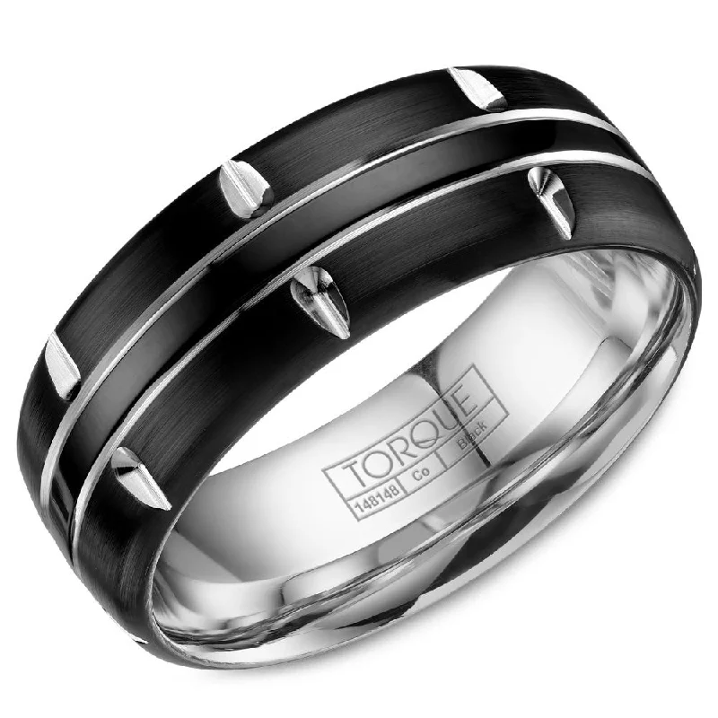 women's halo engagement rings-Torque Black Cobalt Collection 8MM Wedding Band with White Line Pattern CBB-8001