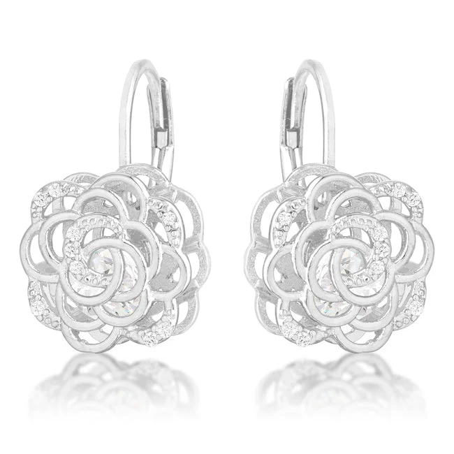 women's mixed metal earrings-Maya CZ Rose Drop Silvertone Earrings