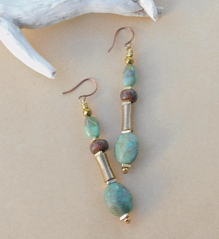 women's silver drop earrings-Rustic Turquoise Stone Dangling Earrings