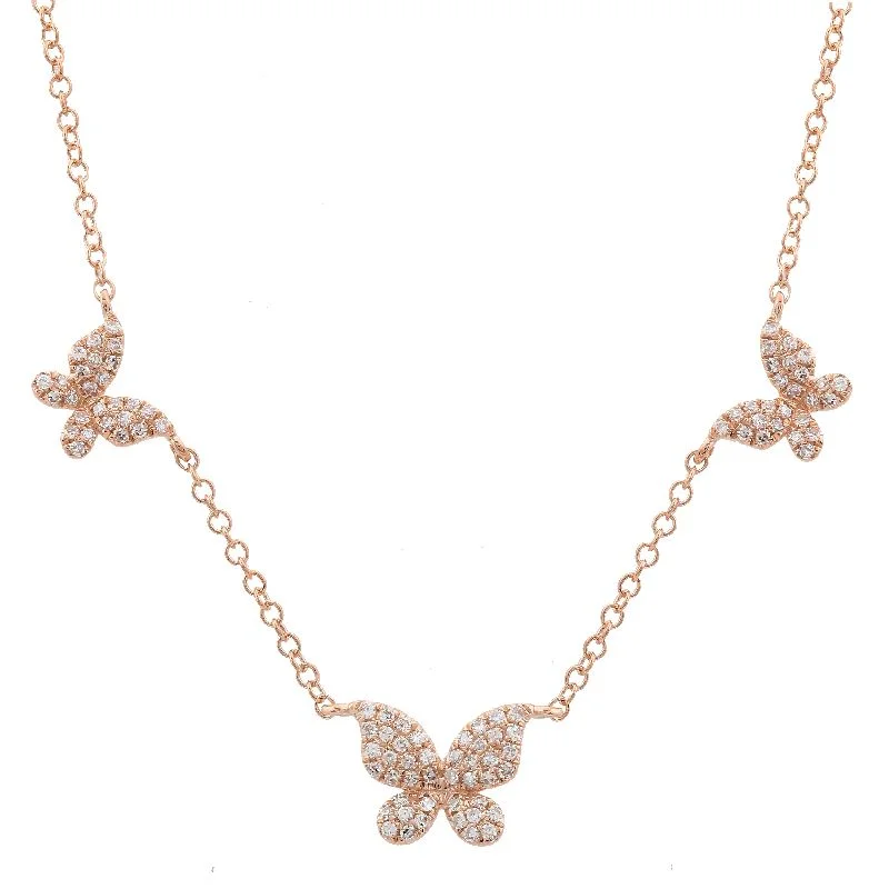 women's bar necklaces-14K Rose Gold Triple Butterfly Diamond Necklace