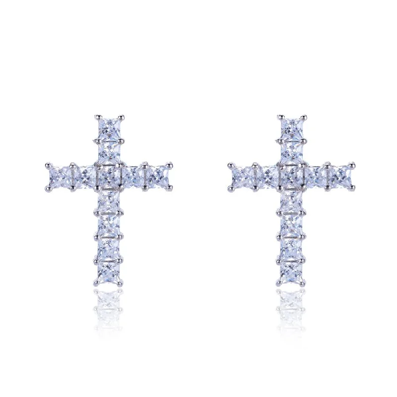 women's geometric earrings-Lori Princess CZ Cross Silvertone Stud Earrings