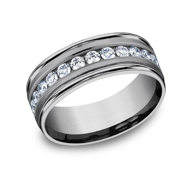 women's antique-style engagement rings-Grey Tantalum Satin Polish 8mm Channel Set Wedding Band With Diamonds