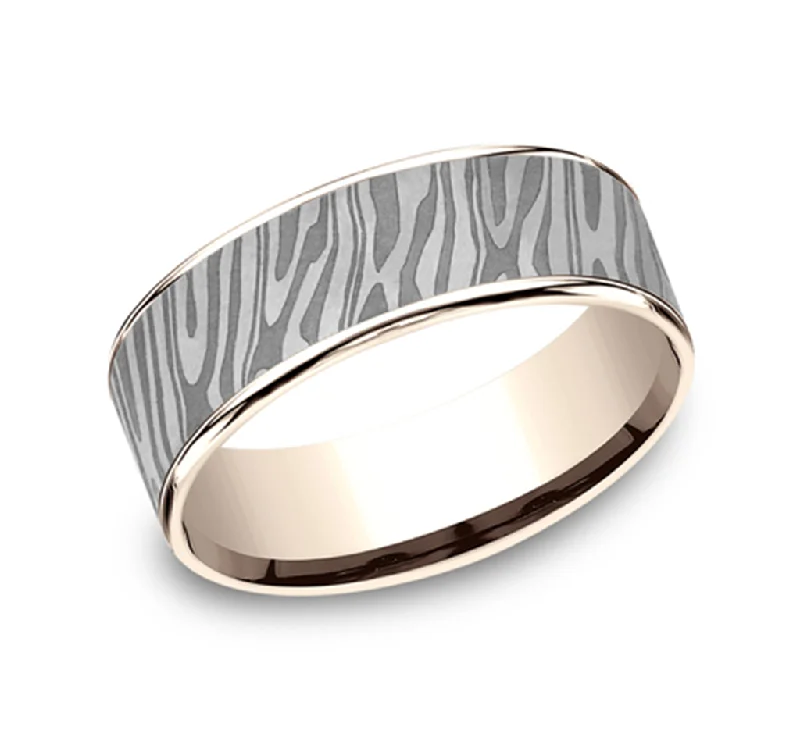 women's floral diamond engagement rings-14K Rose Gold And Gray Tantalum ‘The Tiger Stripe’ 7.5mm Comfort Fit Wedding Band