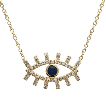 women's long pendant necklaces-14K Yellow Gold Diamond + Sapphire Evil Eye Eyelash Necklace