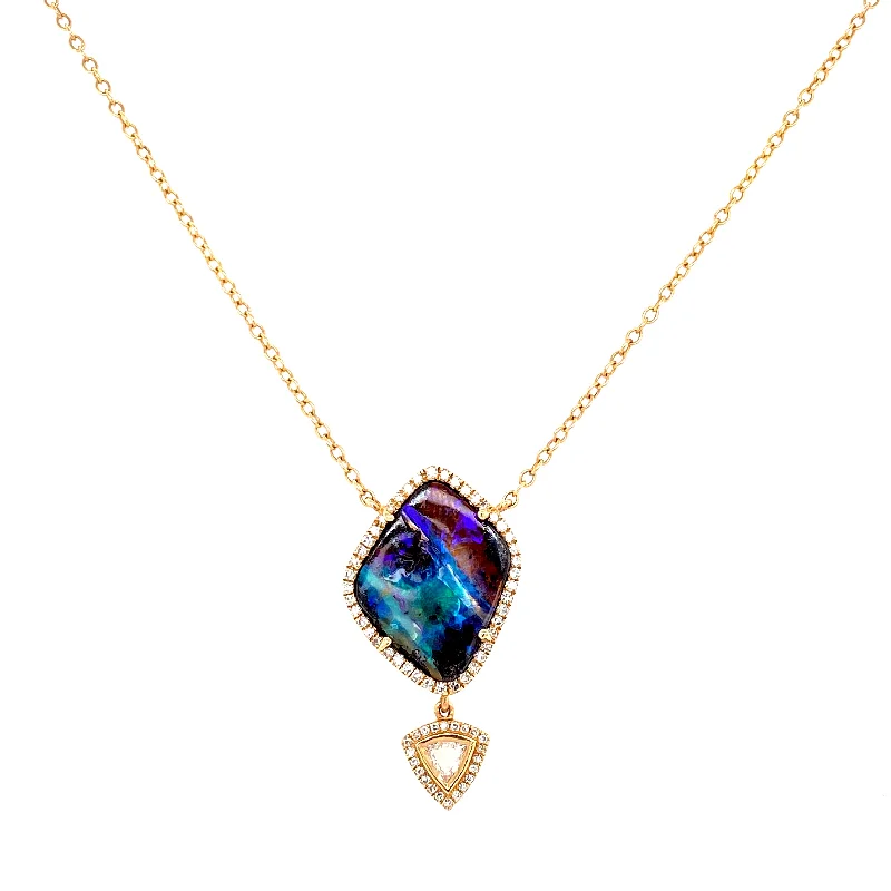 women's unique necklaces-14K Yellow Gold Diamond + Boulder Opal Necklace