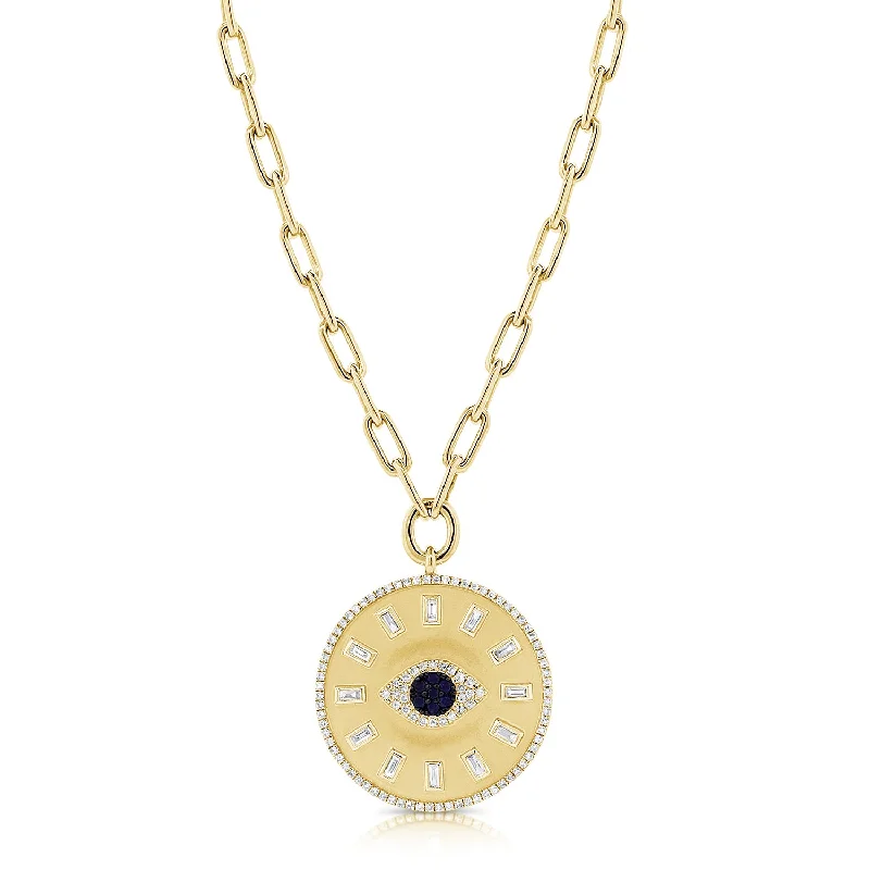 women's diamond choker necklaces-14K Yellow Gold Diamond + Sapphire Evil Eye Coin Necklace