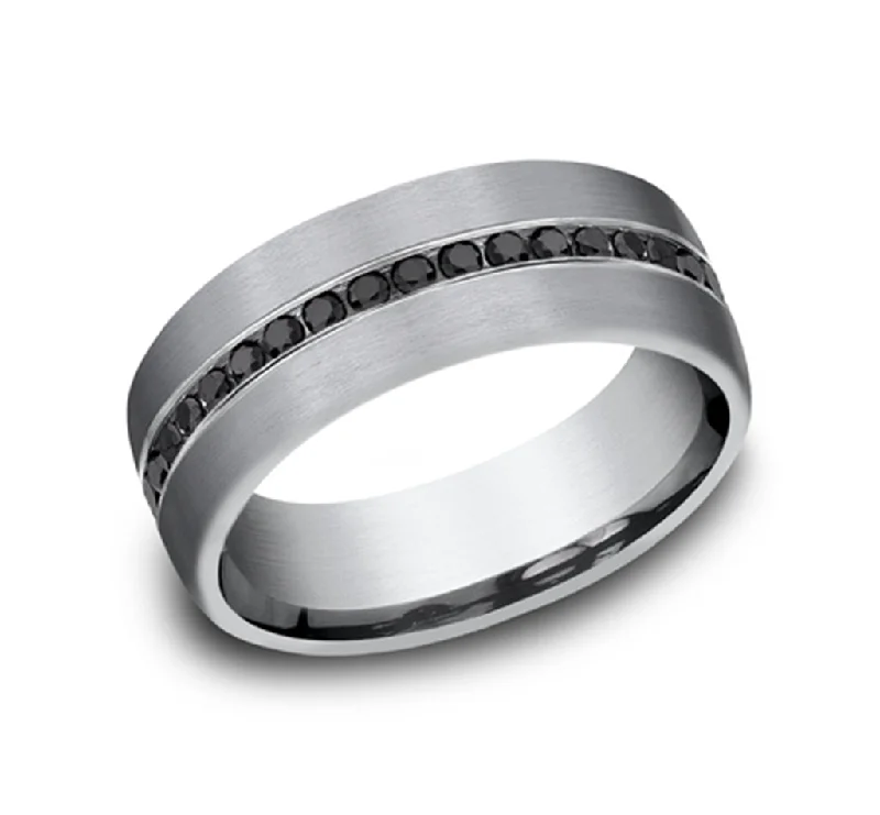 women's custom engagement rings-Grey Tantalum Satin Finish 7.5mm Domed Channel Set Wedding Band With Black Diamonds