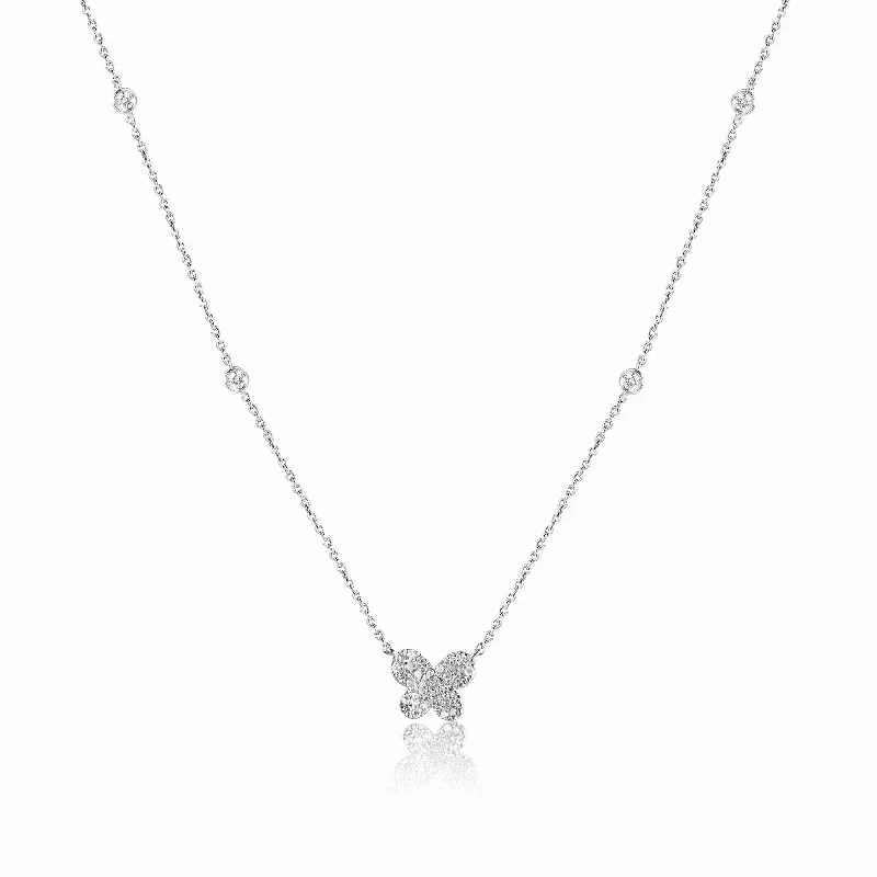 women's multi-strand necklaces-14K White Gold Diamond Butterfly Necklace