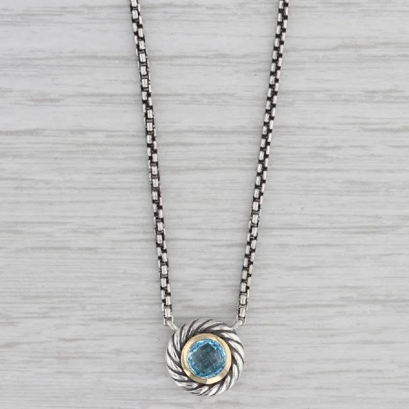 women's geometric necklaces-David Yurman 0.90ct Blue Topaz Cookie Pendant Necklace Sterling Silver 18k Gold