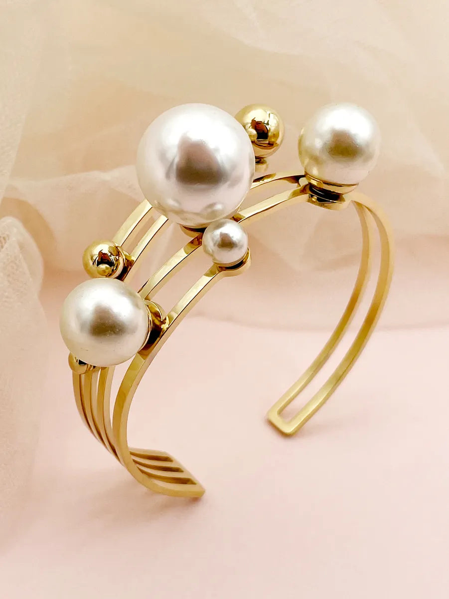 women's modern bracelets-Glam Lady Irregular Stainless Steel Imitation Pearl Plating 14k Gold Plated Bangle