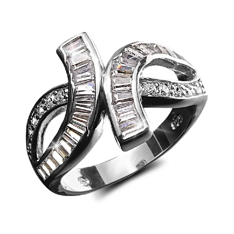 women's floral rings-Baguette Twist Ring Rhodium