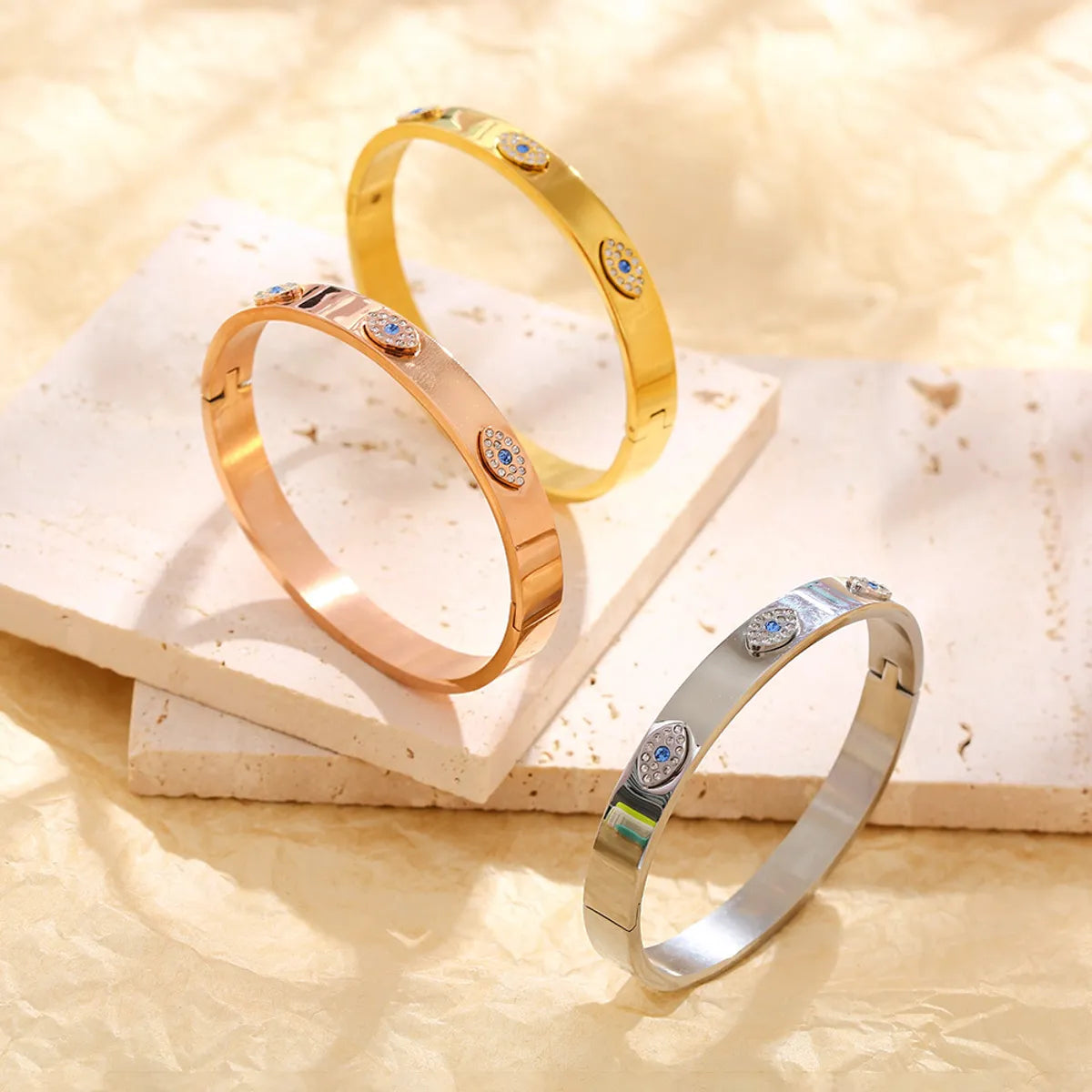 women's multi-color bracelets-Fashion Eye Stainless Steel Inlay Zircon Bangle