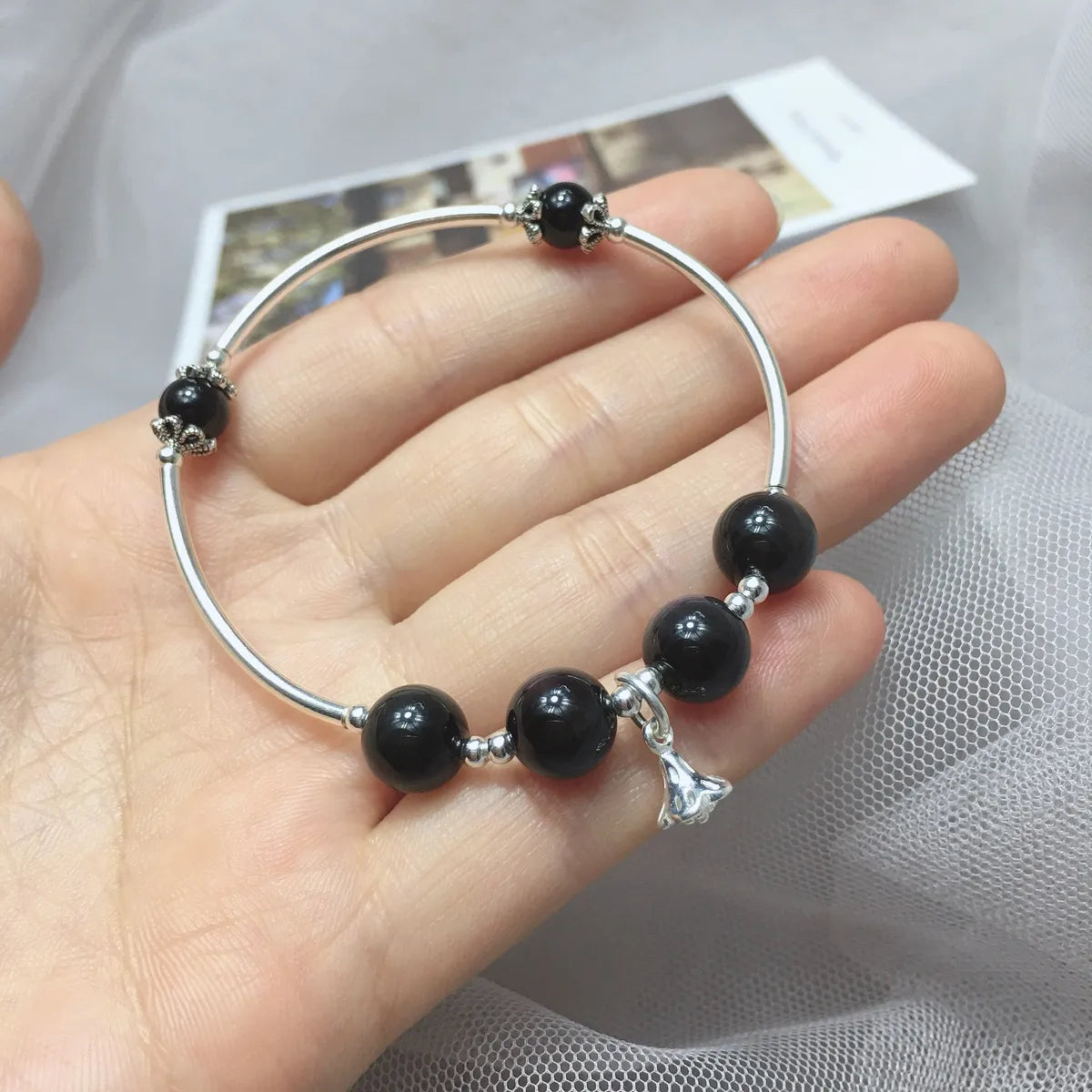 women's stackable bangles-Sterling Silver Simple Style Flower Inlay Obsidian Bangle