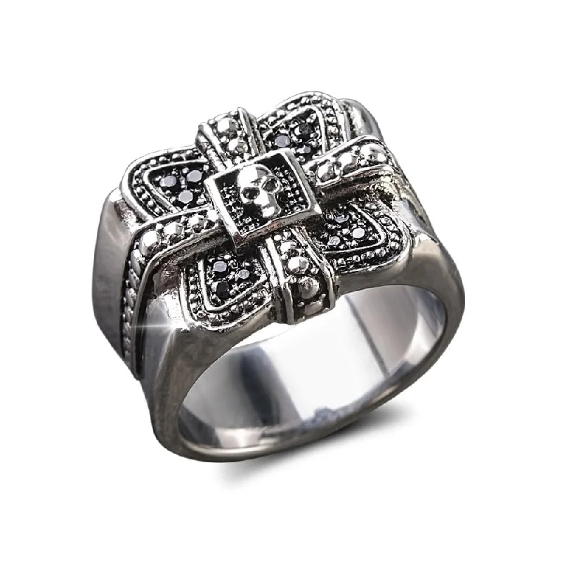 women's halo rings-Midnight Skull Steel Ring