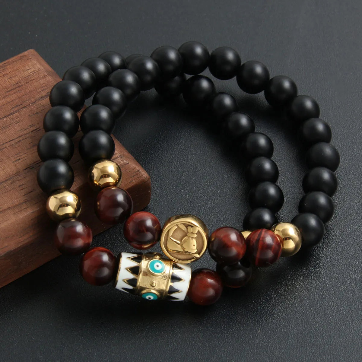 women's charm bangles-Retro Ethnic Style Classic Style Geometric 304 Stainless Steel Natural Stone Tiger Eye Beaded Plating Unisex Bracelets