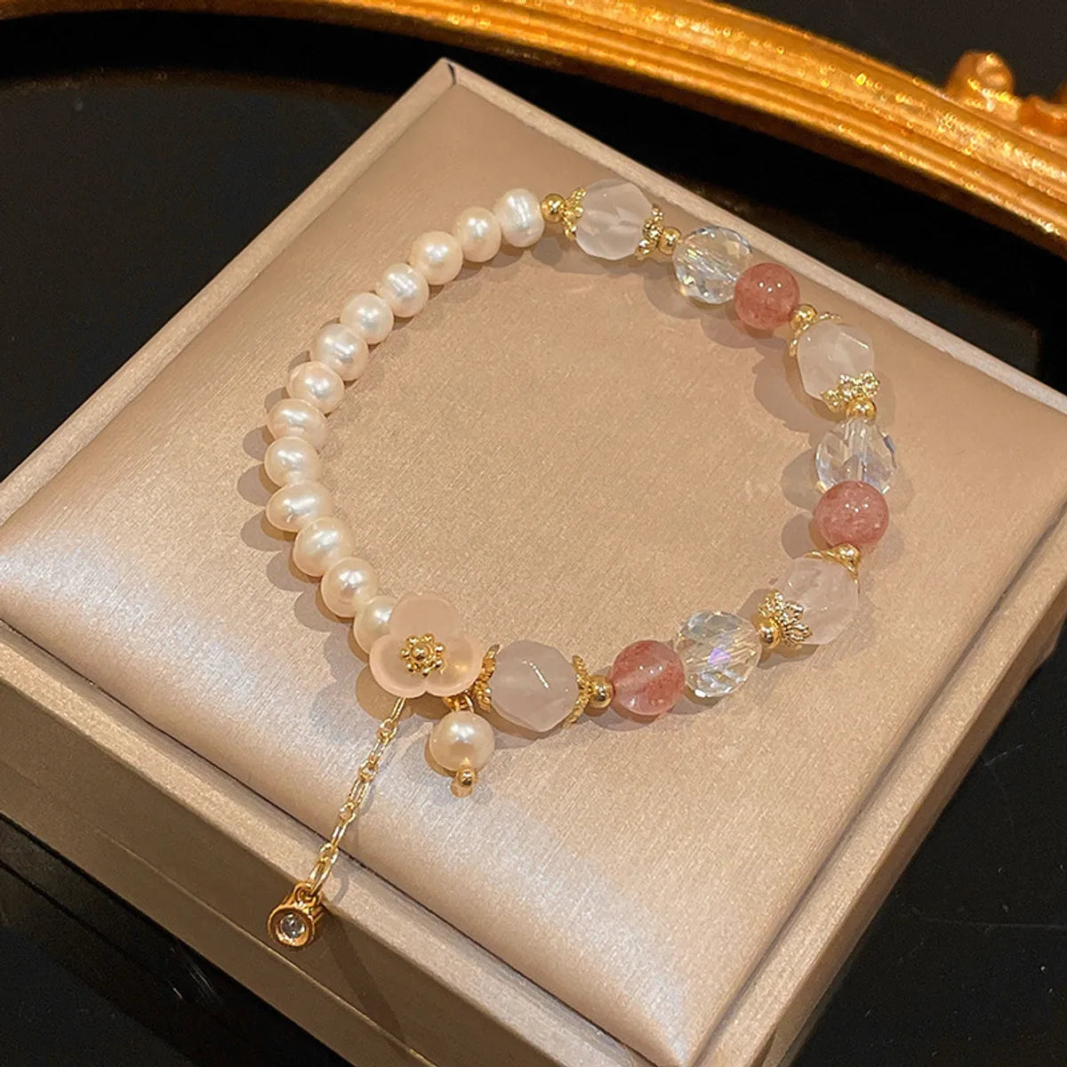 Strawberry Quartz Crystal Pearl Zircon Flower Bracelet