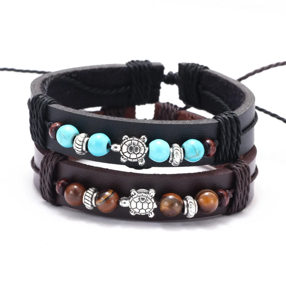 women's sterling silver bangles-Fashion Tortoise Alloy Leather Beaded Unisex Bracelets