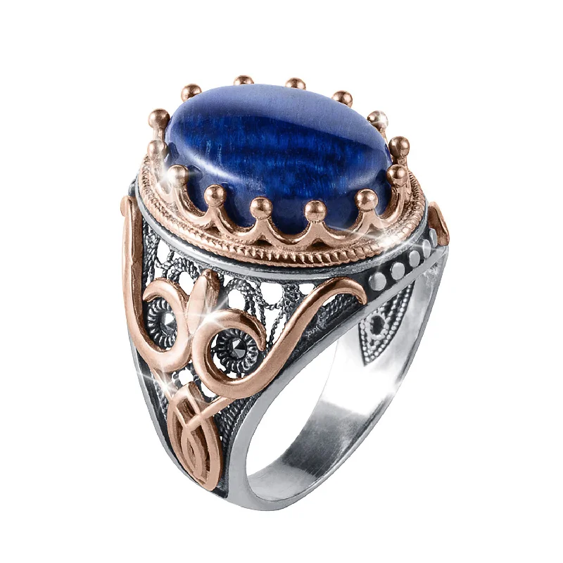 women's black diamond rings-Regalia Blue Tiger's Eye Men's Ring