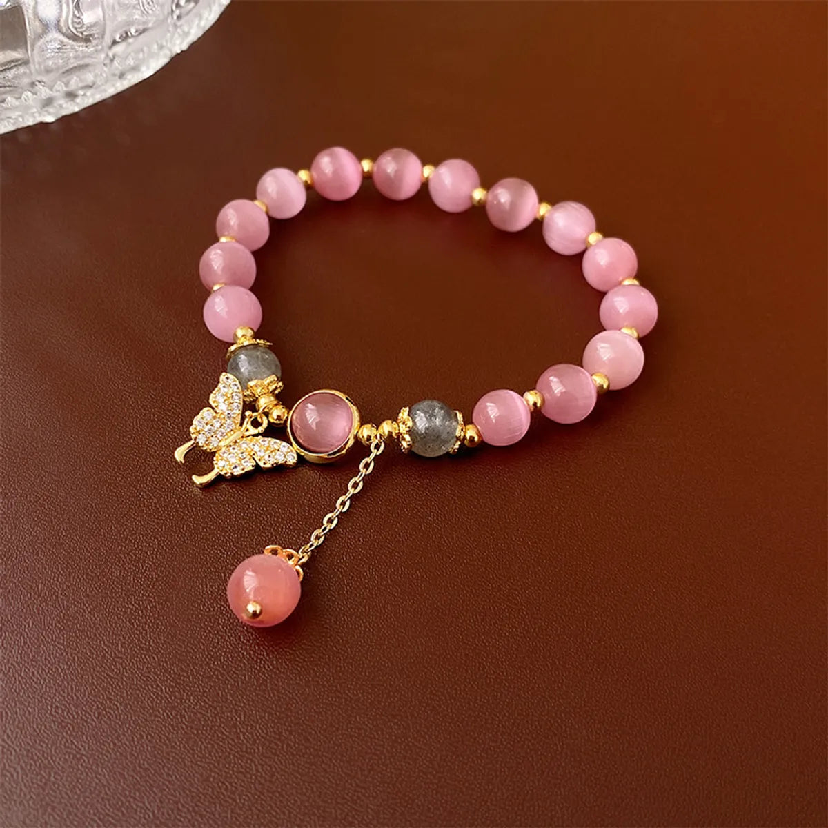 Pink-Rhinestone Zircon Butterfly Opal Bracelet