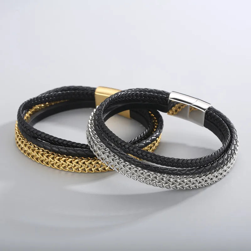 women's handmade bracelets-Fashion Round Stainless Steel Cowhide Patchwork 18K Gold Plated Men'S Bracelets