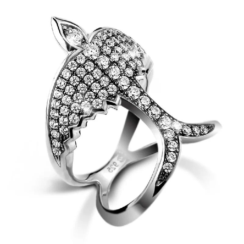 women's white gold rings-Swallows Return Rhodium Ring