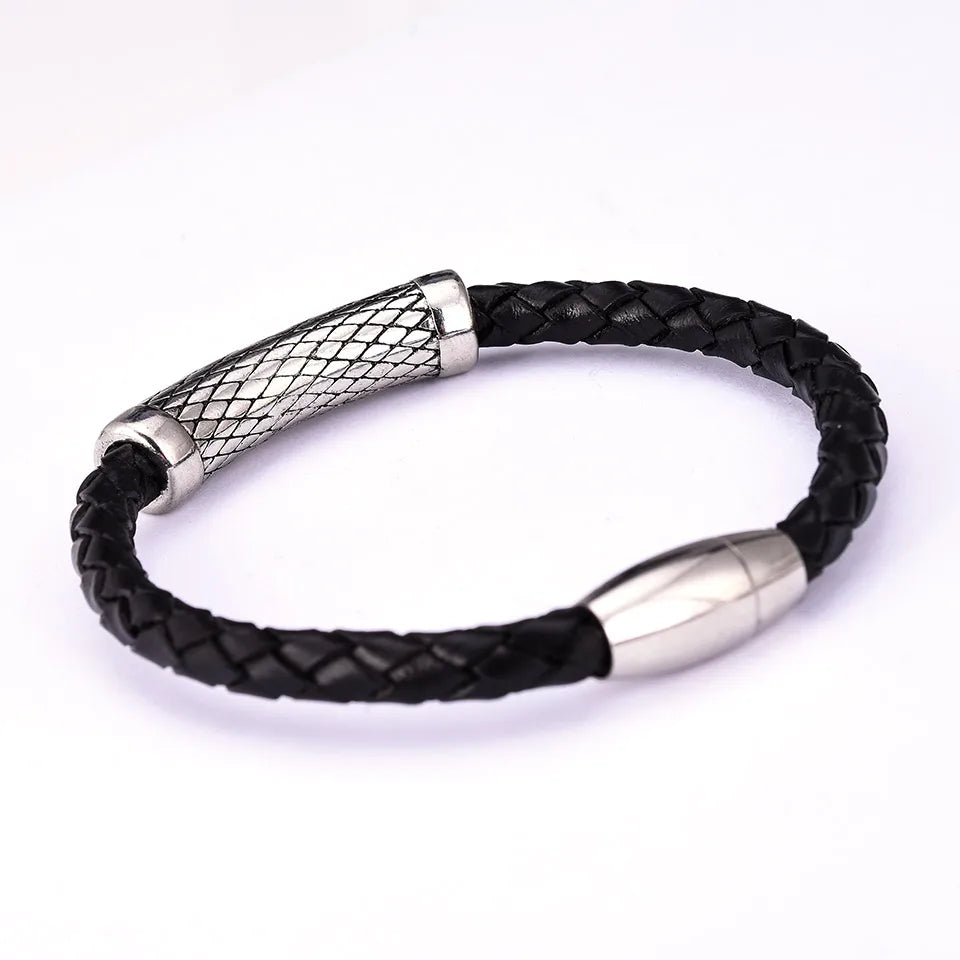 women's romantic bracelets-Men'S Leather Titanium Steel Rhombus Pattern Bracelet