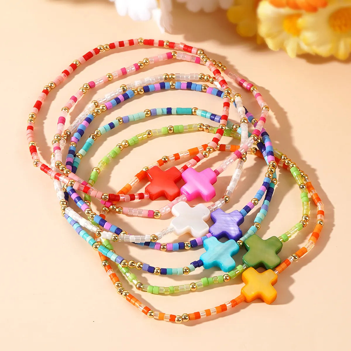 women's matching bracelet sets-Vacation Cross Color Block Glass Copper Wholesale Bracelets